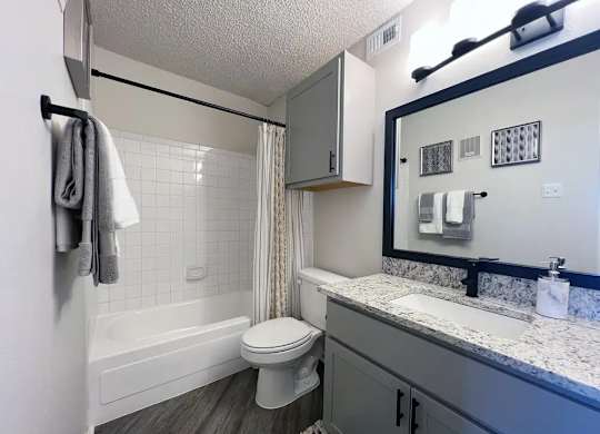 A bathroom with a white toilet, a bathtub, and a sink.