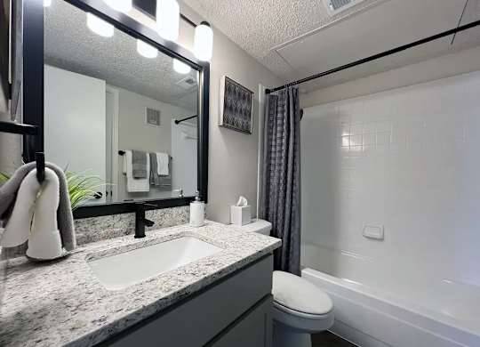 A bathroom with a sink, toilet, and mirror.