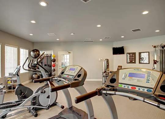 A home gym with a row of exercise bikes.