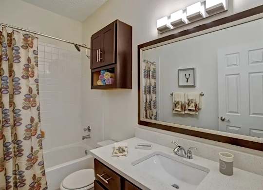 A bathroom with a white sink and a mirror above it.