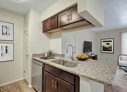 A kitchen with a granite countertop and a sink.