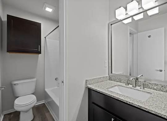 A bathroom with a white toilet and a sink with a mirror above it.