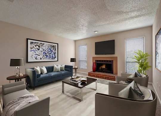 A living room with a fireplace and a television.