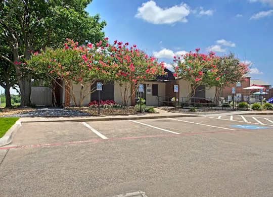 Community leasing office with flowering landscape at South Meadows Apartments, Texas