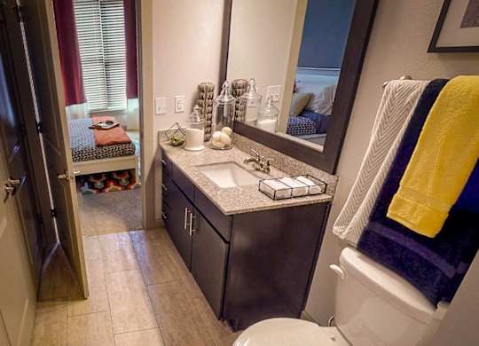 Bathroom With Adequate Storage at Civic at Frisco Square Apartments, Frisco, Texas