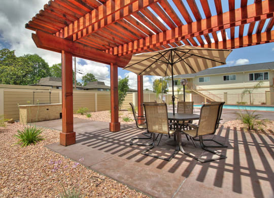 Swimming Pool side sitting area with shade at South Mary Place, Sunnyvale, 94086