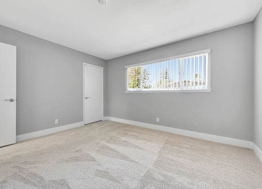 A room with a carpeted floor and a window with blinds.