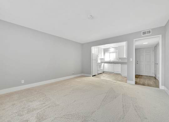 A large, empty room with a carpeted floor and a doorway leading to another room.