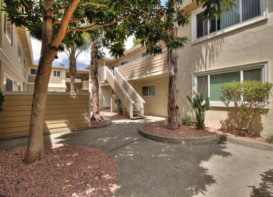 the pathway to the entrance of a building with trees and a staircase
