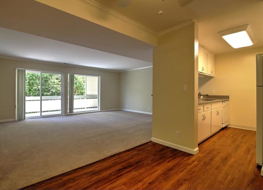Living room with kitchen view at Wellesley Crescent, Redwood City, California