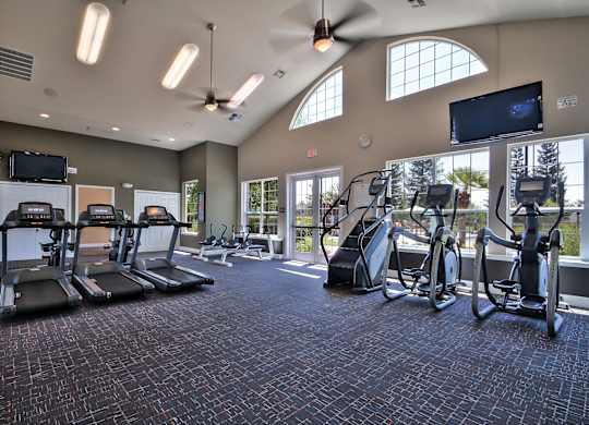 Fitness center with cardio and strength equipment at Rosemeade Apartments, California, 95661