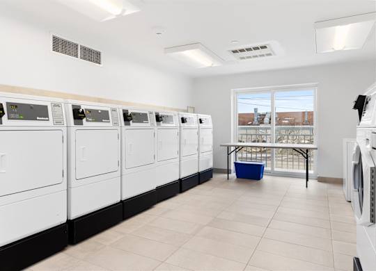 A laundromat with rows of washers and dryers.