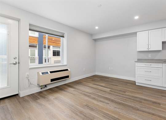 A room with a window, a radiator, and a kitchenette.