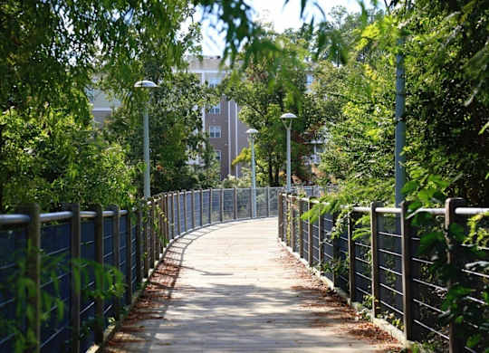 A walkway with a metal fence and street lamps on both sides.