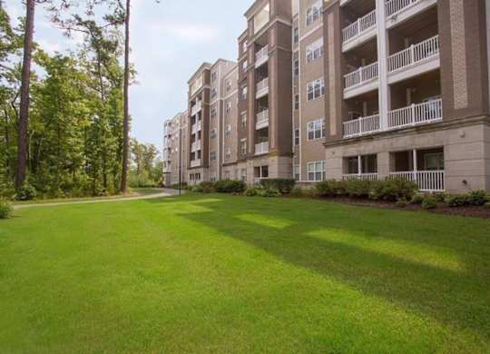 A grassy area in front of apartment buildings.