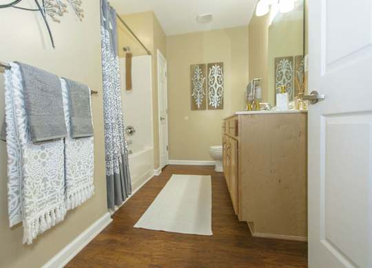 A bathroom with a white rug on the floor.