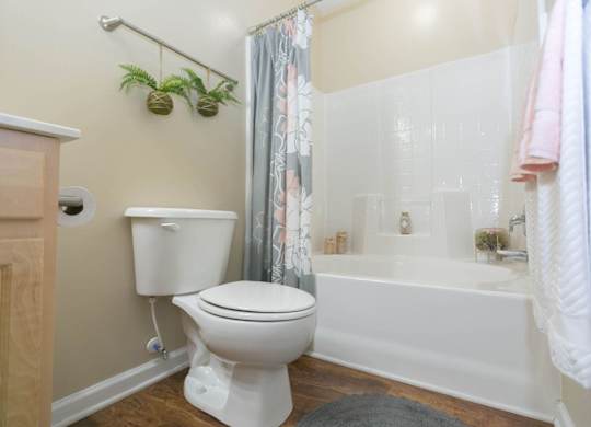 A white toilet sits next to a white bathtub in a bathroom.
