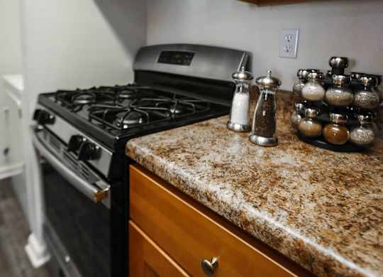 A kitchen counter with a variety of spices on it.