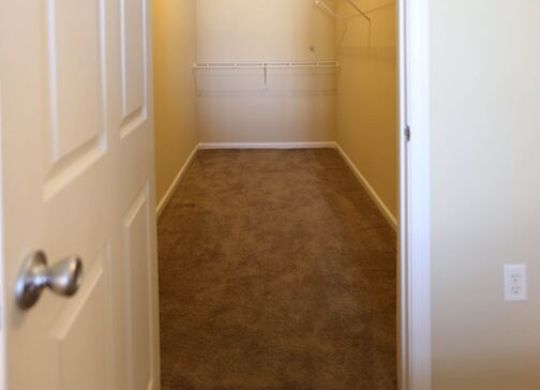 A white door is open to a hallway with a carpeted floor.