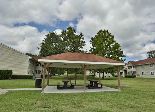 A pavilion with picnic tables is surrounded by grass and trees.