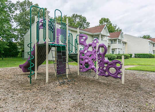A playground with a slide and climbing frame.