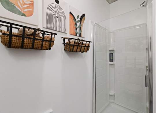A bathroom with a white wall and a glass door.