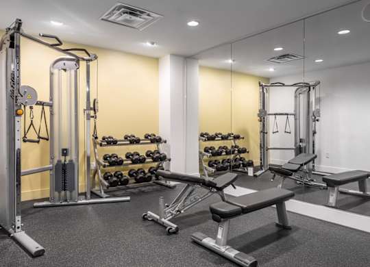 A gym with a variety of equipment including a leg press machine, dumbbells, and a bench press.