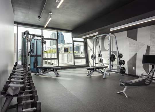 A gym with a row of benches and weights.
