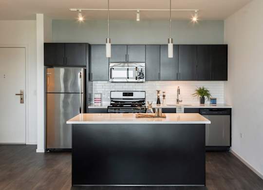 A modern kitchen with a black countertop and stainless steel appliances.