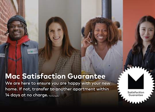 A satisfaction guarantee offer for a new home with a 14-day transfer-in period.