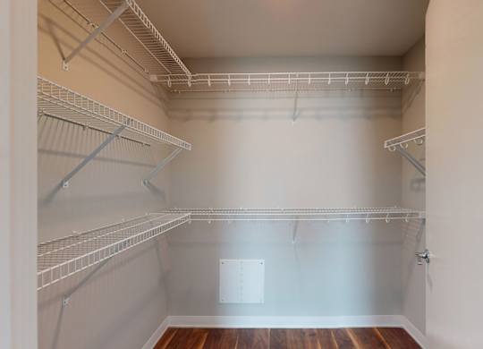 Empty walk-in closet with shelves and a door.