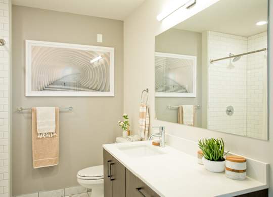 A bathroom with a white counter and a towel hanging on the wall.