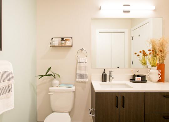 A bathroom with a toilet, sink, and mirror.