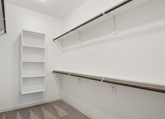 A white closet with a shelf and a carpet.