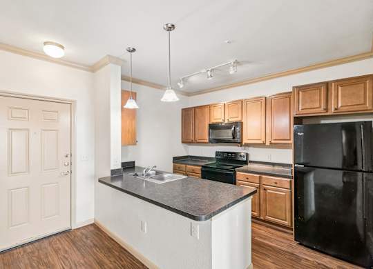 A kitchen with black appliances and wooden cabinets.