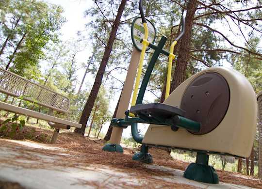 A playground seesaw in a park with trees in the background.