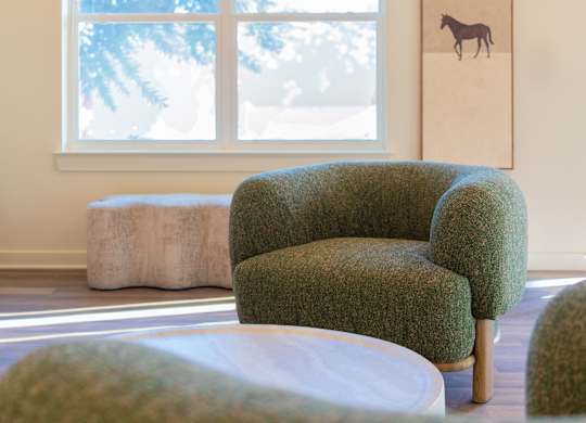 A green chair sits in front of a window in a room with a picture of a horse on the wall.