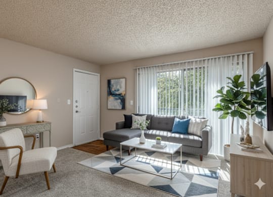 A living room with a grey couch, a white chair, and a coffee table.