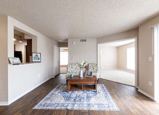 A living room with a blue rug and a wooden coffee table.