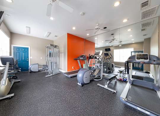 A gym with treadmills, elliptical machines, and other exercise equipment.