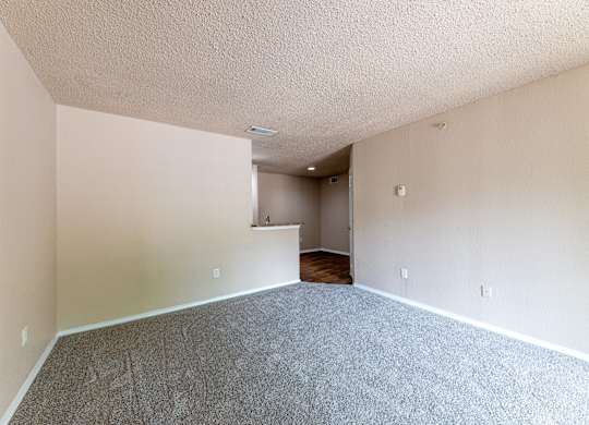 A room with a carpeted floor and a doorway leading to another room.