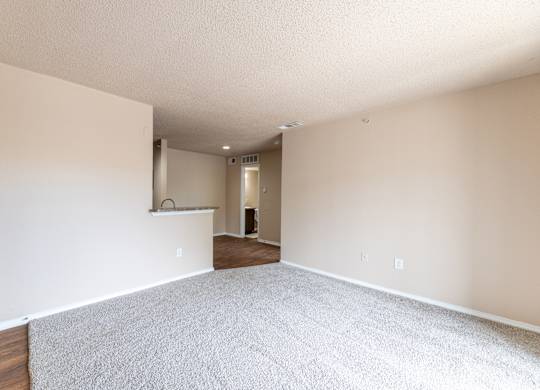 A large, empty room with a carpeted floor and white walls.