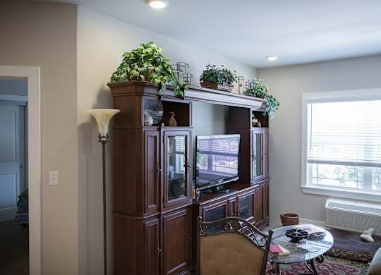 A living room with a wooden entertainment center and a glass table.