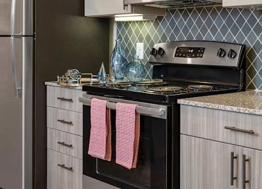 A kitchen with a black oven and a black fridge.