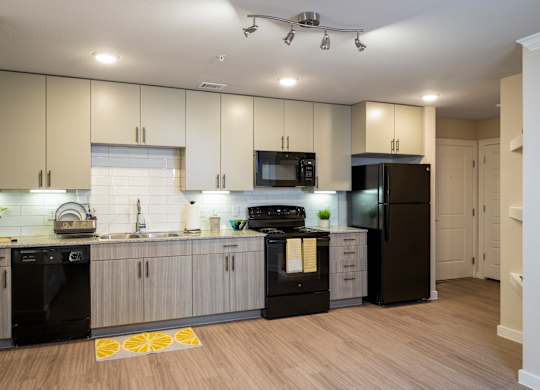 A modern kitchen with black appliances and wooden floors.