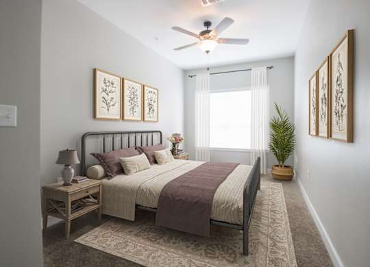 A bedroom with a bed, nightstand, and a ceiling fan.