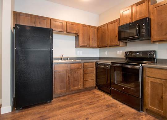A black refrigerator is in a kitchen with wooden cabinets.