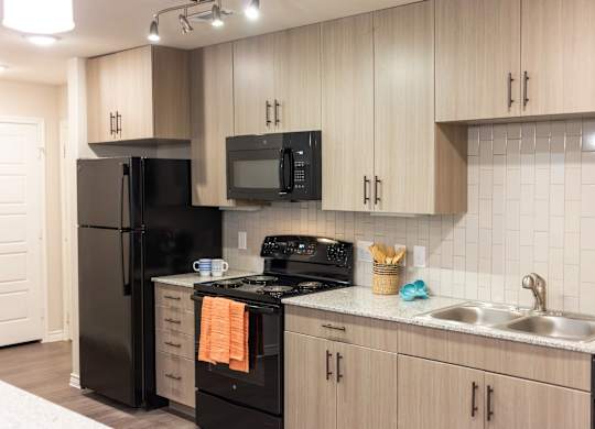 A kitchen with black appliances and wooden cabinets.