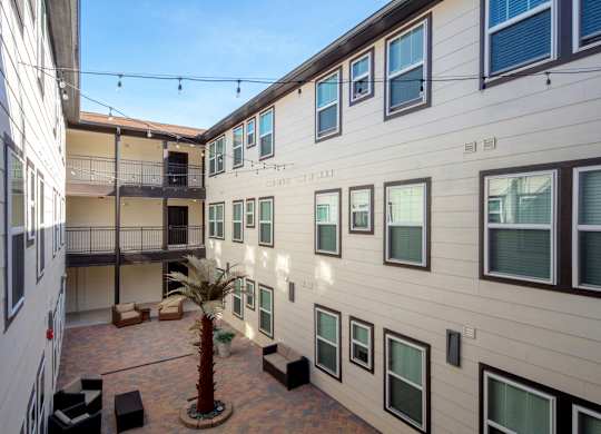 A courtyard with a palm tree and seating area between two buildings.