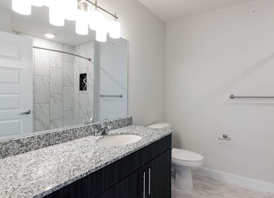 A bathroom with a marble countertop and a white toilet.